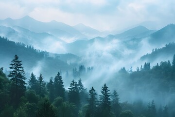 Wall Mural - Serene Misty Mountains: A Tranquil Forest Landscape