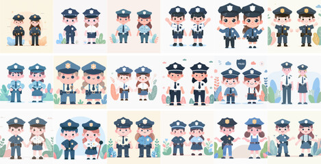 vector set of full body couple police characters with a simple and minimalist flat design style. white background