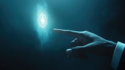 Poster - Hand Reaching for a Glowing Plus Sign in a Blue Haze