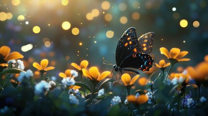 Wall Mural - A Glittering Butterfly Perched on Yellow Flowers in a Field of Bokeh Lights