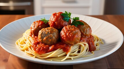 Close up image of a white ceramic plate spaghetti and meatballs centered on a wooden table, with a blurred kitchen background