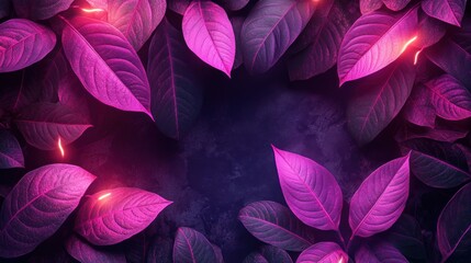 Poster - Vibrant Pink Leaves with Glowing Edges on a Dark Background