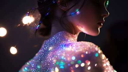 Wall Mural - Woman's Face Illuminated by Bokeh Lights and Glitter