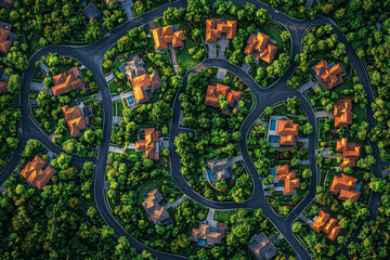 Poster - aerial perspective of a sprawling suburb with neatly arranged houses and streets, illustrating resid