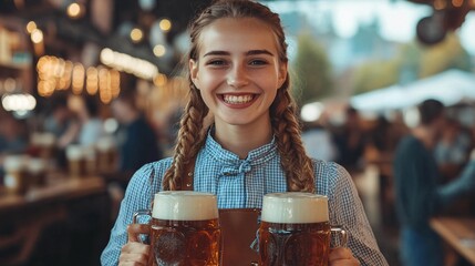 Smiling barmaid holding two mugs of beer at german oktoberfest