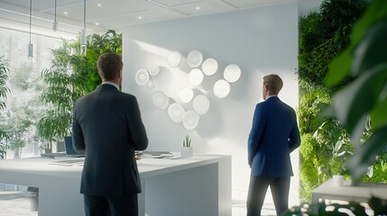 Two Men in Suits Standing in a Modern Office with a Green Wall and White Circular Decorations