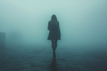 Poster - A person walking through a foggy street where their outline is barely visible, creating an ethereal effect. Concept of partial invisibility and atmosphere.
