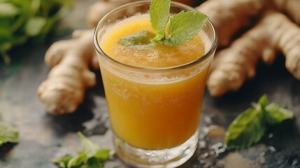 closeup of ginger juice in a glass. healthy homemade refreshing antioxidant detox drink or beverage,