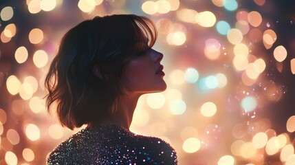 A Woman in a Sequined Dress Against a Bokeh Background