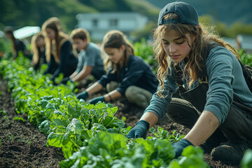 Poster - A group of youths volunteering at a community garden, planting and caring for vegetables. Concept of environmental stewardship and teamwork.