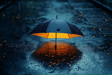 a floating umbrella above a puddle with no visible person underneath, implying an invisible user. co