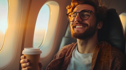 Happy smiling handsome young businessman sitting in plane seat near window, holding cup of coffee, looking outside. Travel and transportation comfortable passenger, first class luxury flight, wealth