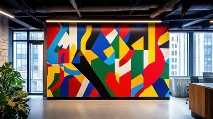 Sticker - Abstract Geometric Mural in Modern Office Interior