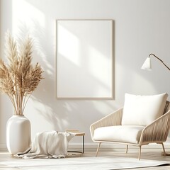 Poster - Minimalist living room interior design with white armchair and pampas grass