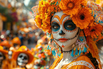 Wall Mural - An outdoor festival featuring traditional music, dance, and vibrant costumes, bringing the Day of the Dead celebrations to life.