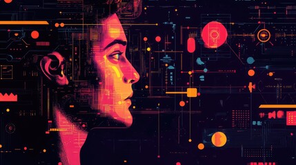 Wall Mural - Futuristic Digital Portrait: AI Technology, Data Visualization, Human Profile, Cyber Technology, Abstract Art