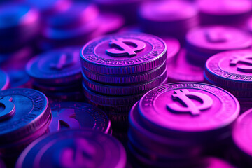 Floating coins with dollar signs create a whimsical dance in vibrant violet hues against a soft, abstract background