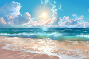 Wall Mural - Serene Beachscape with Gentle Waves and a Bright Sun