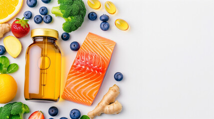 Wall Mural - Salmon fillet with supplements and healthy food ingredients vitamins nutrition and superfoods for balanced diet