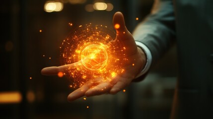 Poster - Hand Holding a Glowing, Wireframe Sphere with Abstract Energy Lines