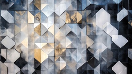 Canvas Print - Abstract Geometric Pattern of Metal Tiles in Blue, Gray, and Gold Tones