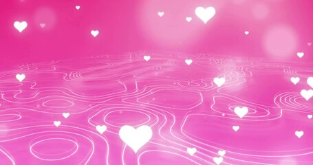 Poster - Animation of white heart over glowing light spots and lines on pink background