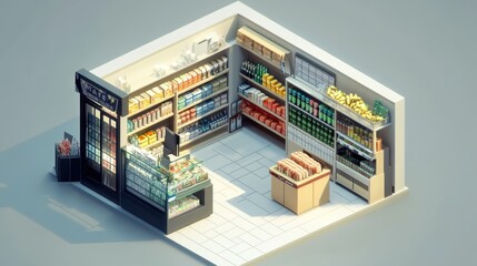 Wall Mural - Isometric View of a Mini-Mart with Stocked Shelves