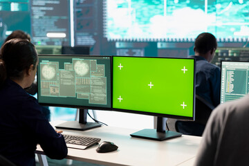 Poster - cyber security experts working with mockup layout on a desktop pc, using encryption and it security 