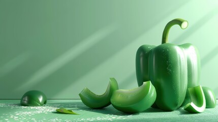 A vibrant green bell pepper with slices on a soft green background. Perfect for fresh food concepts and healthy lifestyle imagery.