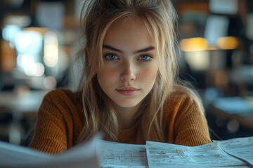 Canvas Print - A young woman working intently at her desk in a modern office, surrounded by documents and a computer. Concept of professional dedication and work environment.