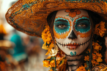 Canvas Print - A traditional Day of the Dead procession with participants dressed in elegant costumes and face paint, carrying offerings to honor the deceased.