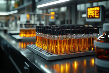 Poster - a scientist conducting an experiment in a lab, with test tubes and equipment arranged neatly on a co