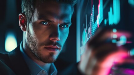 Poster - A Man's Intense Gaze Focused on a Data Screen