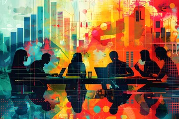 Fototapete - Dynamic Business Meeting with Colorful Data Visualization