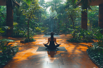 Poster - a person meditating in a tranquil setting, surrounded by nature and focusing on mindfulness. concept