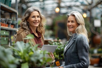 Two Women Engaging in Conversation Among Lush Greenery in a Garden Center