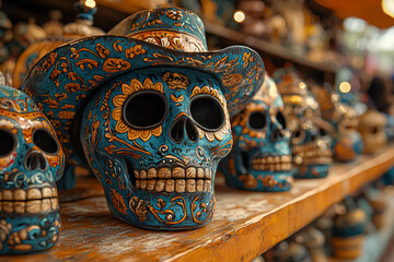 Poster - A lively market stall featuring handcrafted Day of the Dead masks and decorations, attracting visitors interested in traditional crafts and festive items.