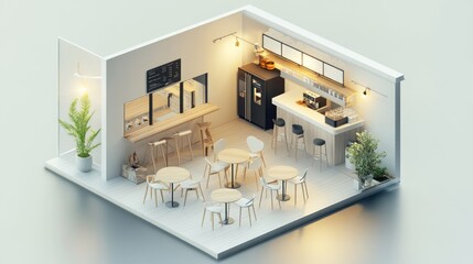 Sticker - Isometric View of a Modern Cafe Interior with Seating and a Counter