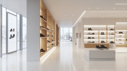 Wall Mural - Modern Shoe Store Interior with White Walls and Wooden Shelves