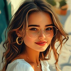 Poster - Beautiful Woman with Glasses, Smiling and Looking at Camera