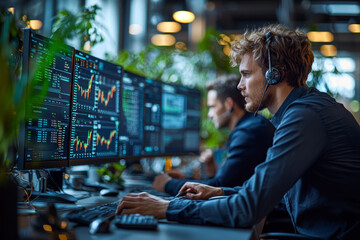 Poster - a finance team working together in a high-tech office, surrounded by multiple monitors displaying fi
