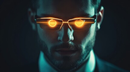 Poster - Close-up Portrait of a Man Wearing Futuristic Goggles with Glowing Orange Lenses