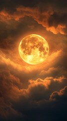 Wall Mural - Full moon surrounded by dramatic orange clouds