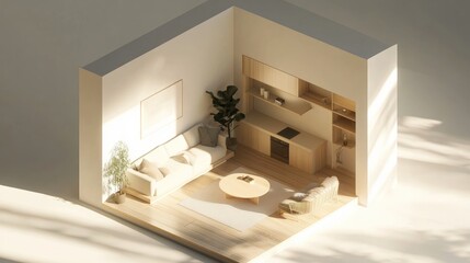 Sticker - Minimalist Living Room with Wooden Accents and Sunlight Streaming Through a Window