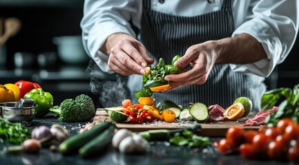 Chef adding fresh ingredients to a delicious meal.