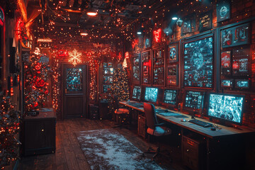 Poster - A Christmas-themed escape room with high-tech puzzles and immersive, futuristic challenges. Concept of modern holiday entertainment.