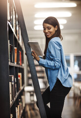 Aufkleber - Woman, college student and smile on bookshelf with ladder for text book and research with notebook. Female person, university learner and happy at library for education, literature and knowledge