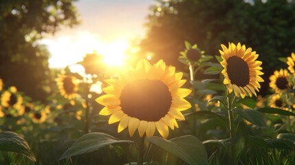 Poster - Sunlit Sunflower in a Field at Sunset