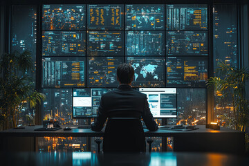 Poster - A business executive analyzing market trends on a tablet in a sleek, minimalist office, with charts and graphs visible on the screen.