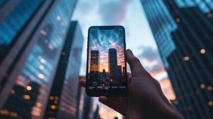 Poster - Hand Holding a Smartphone Capturing a Cityscape at Sunset